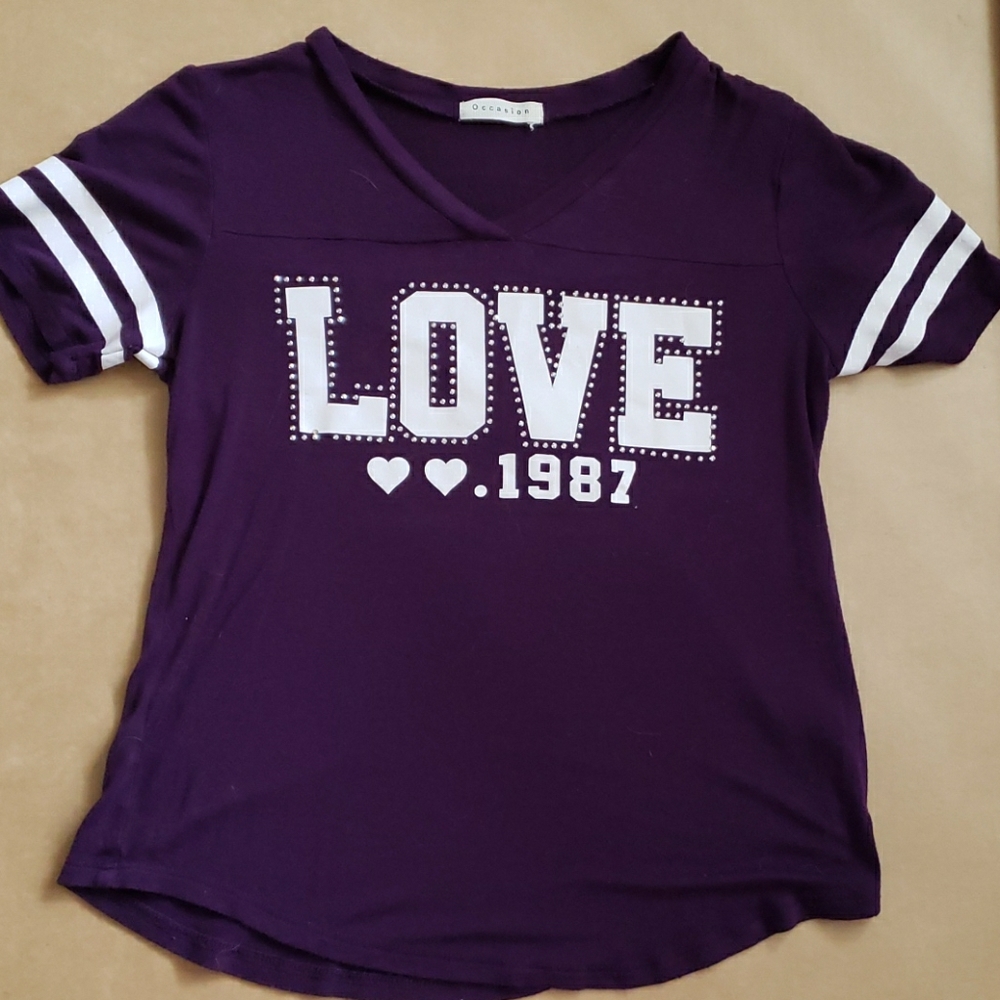 Small Purple with White Lettering shirt
